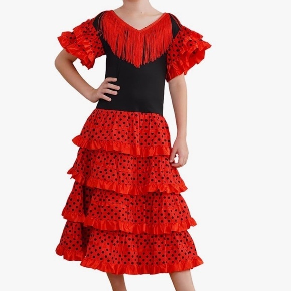 yoremy Other - Spanish Flamenco Dress Layered Dress Maxi Length Polka Dots Gypsy Spanish Bull